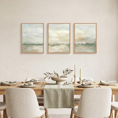 LHIUEM Abstract Green Gray Pastel Framed Canvas Wall Art,Neutral Landscape Wall Decor,Modern Watercolor Lake Artwork,Beige Textured Illustrations Art for Living Room,Bedroom,Office- 12"x16"x3 - Image 3