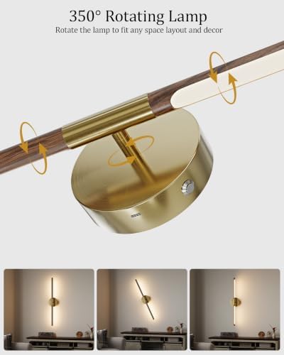 40" Battery Operated Wall Sconce Set of 2, 350° Rotating Lamp, Walnut Gold - Image 3