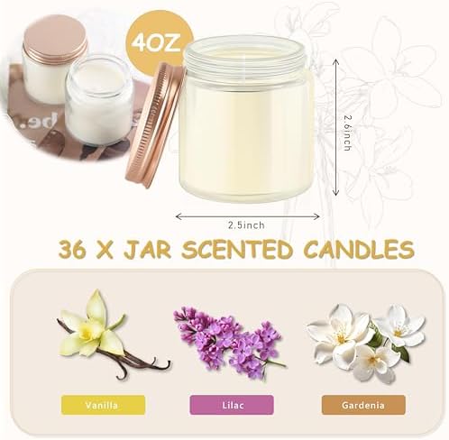 ACITHGL 36 Pcs 4oz Mini Mason Jar Candles Small Scented Candles Bulk Aromatherapy Ideal Souvenir Favors for Wedding Birthday Party (Vanilla, Lilac, Gardenia, Pink) - Image 2