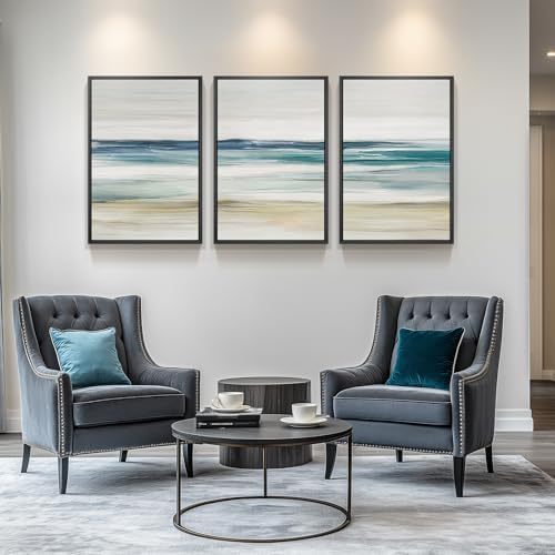 Large Framed Blue Abstract Coastal Ocean Wall Art for Living Room, 24x36 In - Image 4