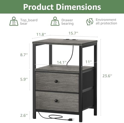 BOLUO Gray Nightstand with Charging Station, LED Night Stand with 2 Fabric Drawers, Bedside Table with USB Ports and Outlets, Nightstand for Bedroom Modern - Image 3