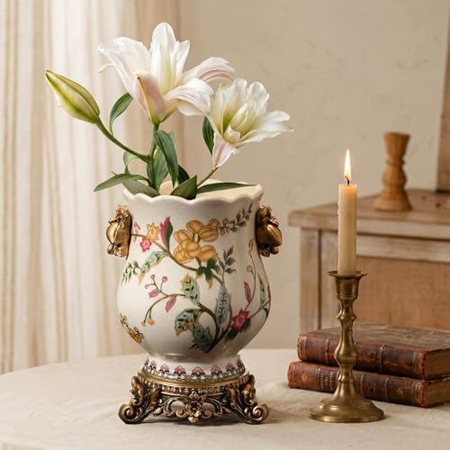 8.3" Ceramic Vintage Flower Vase with Gold Pedestal, Rustic Chinoiserie Floral Fruits Porcelain Urn for Home Decor, Antique French Country Farmhouse Centerpiece for Kitchen Table Entryway Mantel - Image 5