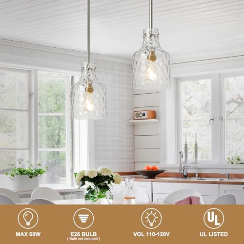 WILON Modern Glass Pendant Lighting for Kitchen Island, Farmhouse Pendant Lights for Dining Room Kitchen Sink, Adjustable Hanging Ceiling Light 7" Hammered Glass Shade, Brushed Nickel Metal Finish - Image 4