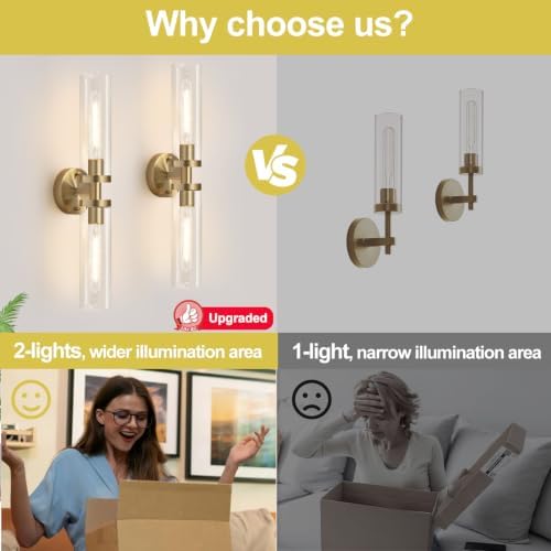Wall Sconces Set of Two, Hardwired Brass Bathroom Sconces Wall Lighting with Clear Glass, Modern Sconces Wall Decor Set of 2 Vanity Light fixtures for Bathroom Mirror Bedroom (Bulbs Not Included) - Image 7