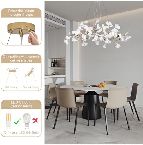 Modern Chandeliers for Dining Room - 39inch Ceramic Ginkgo Leaf Chandelier Rectangle Brass Chandelier Luxury Art Deco Handing Lights Fixture for Living Room Bedroom Kitchen Island, 5-Light - Image 6