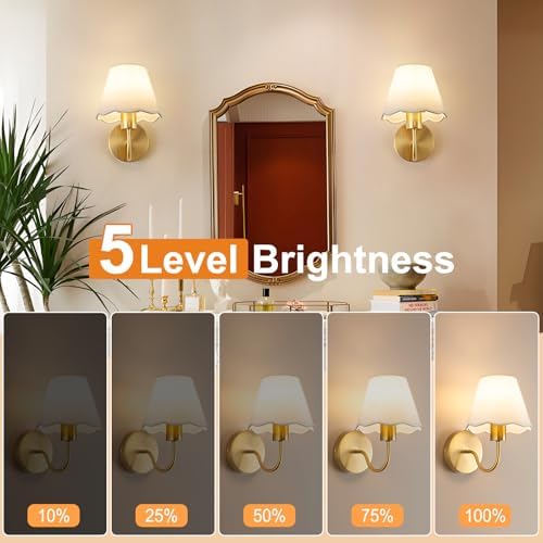 ADISUN Battery Operated Wall Sconce Set of 2, Gold Wall Lamps Rechargeable Bulbs for Living Room, White Rattan Shade, Wireless Wall Lights for Bedroom Living Room Hallway Kitchen(2 Bulbs Included) - Image 4