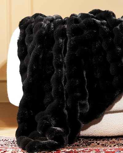 Ultra Soft Cozy Faux Fur Throw Blanket, Fuzzy Plush Thick Bubble Blanket, Oversize Luxury Fluffy Blanket for Couch, Bed, and Living Room, 60x80 Inches, Black - Image 2