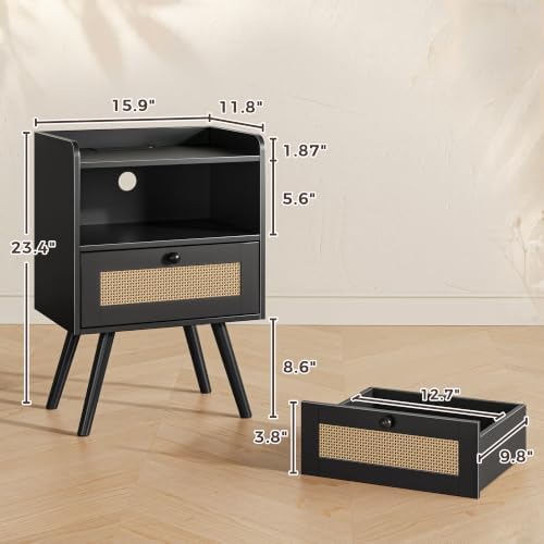 SUPERJARE Nightstand with Charging Station & Rattan-Like Decor Drawer，Black - Image 2