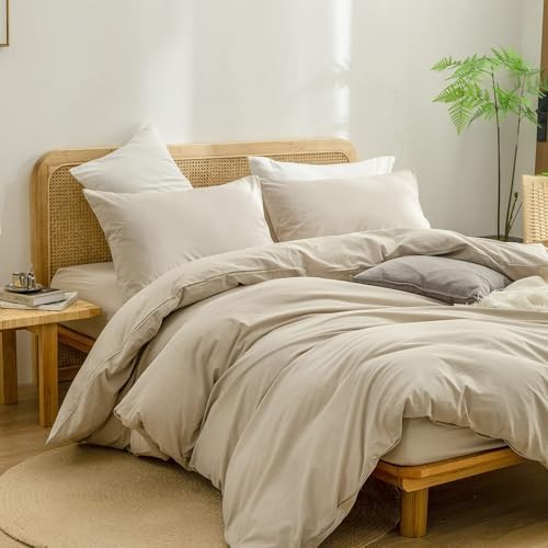 BESTOUCH Cotton Solid Duvet Cover Set Almond Milk Grey Oversized Full - Image 5
