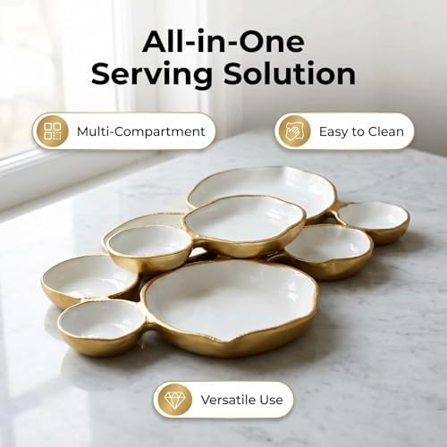 Clustered Serving Bowl, Nine-Grid Design Gold Charcuterie Tray, Elegant Snack Platter, Multipurpose Entertaining Centerpiece for Parties, Appetizers, Nuts, Fruit (White) - Image 5