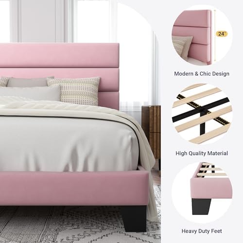 Allewie Full Size Platform Bed Frame with Velvet Upholstered Headboard Pink - Image 7