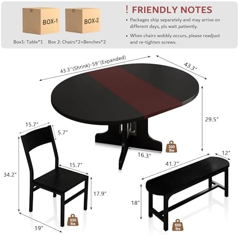 iPormis 5-Piece Round Dining Table Set for 4-6, 59" Extendable Dining Room Table Set with 2 Ergonomic Chairs & 2 Benches, Oval Modern Dinette Table with Metal Frame & MDF Board, Space-Saving, Black - Image 2