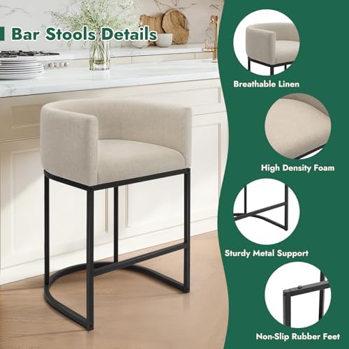 Counter Height Bar Stools Set of 4, 24 Inch Seat Height Barstools for Dining Room, Fabric Upholstered Bar Chair for Kitchen Island, Linen Counter Stools with Metal Legs, Beige - Image 3