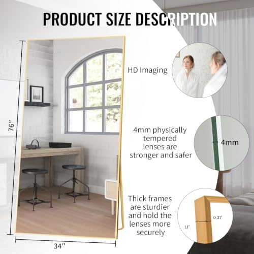 Beauty4U 76" x 34" Full Length Mirror with Stand, Gold Large Floor Mirror - Image 2