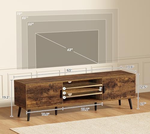 SUPERJARE TV Stand for 55, 65 Inch TV, 63 Inch Entertainment Center with Adjustable Shelf, 2 Cabinets, TV Console Table, Media Console, Solid Wood Feet, 4 Cord Holes, for Living Room, Rustic Brown - Image 3