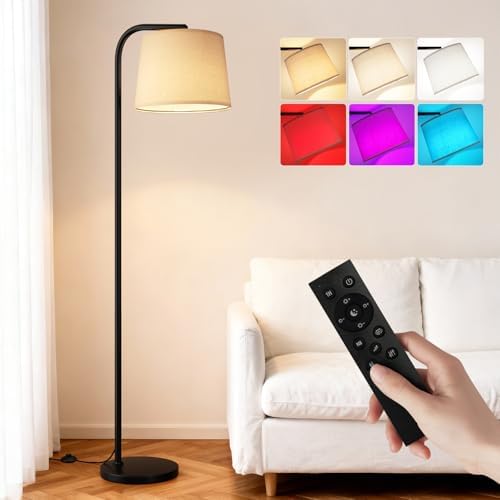 Ambimall RGB Floor Lamp - Remote Control, 8 Colors and 3000K-6500K Color Temperature, Fully Dimmable, Standing Lamp for Living Room with Rotating Head, Tall Lamp for Bedroom (RGB-Black and Beige) by Ambimall