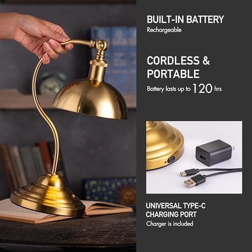 O'Bright Bankers - Cordless LED Table Lamp, Battery-Operated, Rechargeable, 3-Level Dimming, Universal USB-C Charging, 180° Swivel Head, Luxury Metal Shade, Antique Brass - Image 3