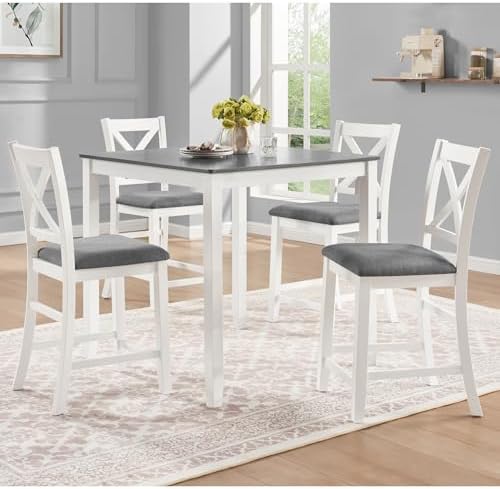 Harper & Bright Designs 5-Piece Counter Height Dining Table Set with 4 Chairs, Square Wooden Kitchen Table Set for 4, Modern Small Space Dining Room Set with Padded X-Back Chairs, Grey & White by HarperBrightDesigns