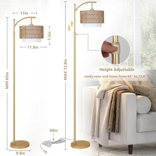 Gold Floor Lamps for Living Room with Remote & Dimmable LED Bulb, Modern Arc Floor Lamp with 3 Color Temperatures, Boho Standing Lamp with Rattan & Fabric Shades, Adjustable Tall Lamp for Bedroom - Image 4