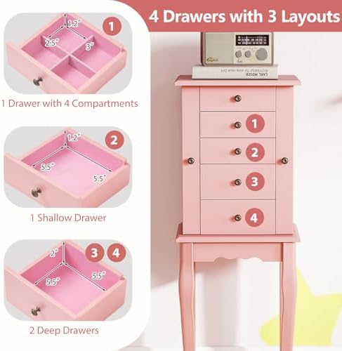 GIANTEX Standing Jewelry Armoire Cabinet with 4 Drawers, Flip Top Mirror, Top Storage Compartments, 2 Side Doors with 8 Necklace Hooks, Freestanding Jewelry Organizer Box Chest (Pink) - Image 3