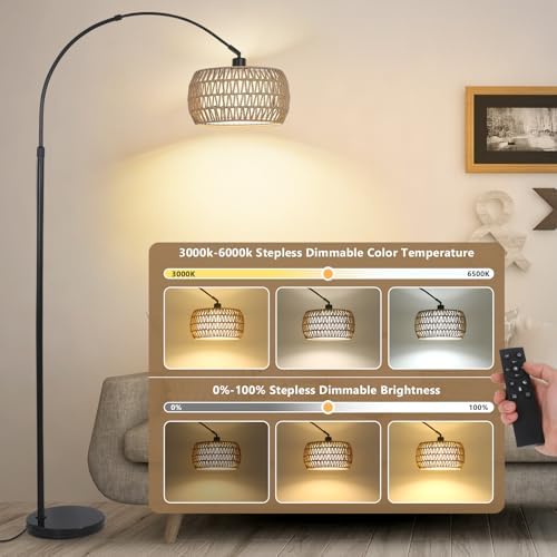 Arc Floor Lamps for Living Room with 3 Color Temperatures, Black Standing Lamp with Remote & Dimmable LED Bulb, Rattan Boho Floor Lamp, Farmhouse Tall Lamp for Bedroom, Over Couch Arched Reading Light - Image 2
