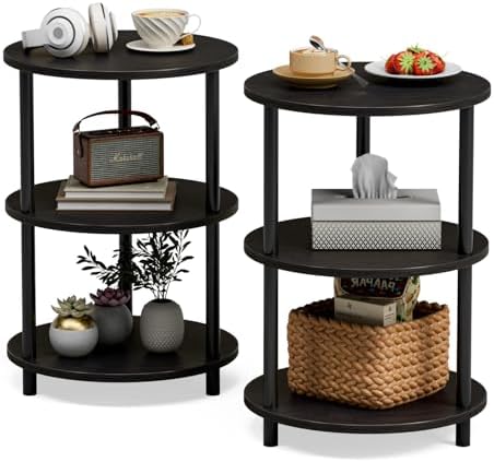 XBurmo Small Round End Table - 3 Tier Design Accent Table, Narrow Side or Bedside Stand, Industrial Vintage Nightstand for Bedroom, Living Room, or Small Spaces, Set of 2, Charcoal Wenge by XBurmo