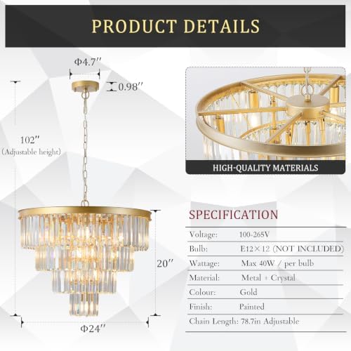 CATINER 24" Modern Crystal Chandelier,12-Light Gold Round Light Fixture - Image 2
