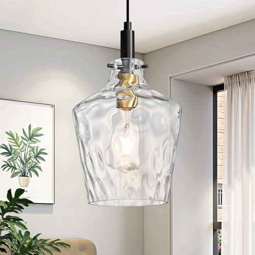 Hammered Glass Pendant Light for Kitchen Island 1 Pack Black Gold 8 Inch by Vaziden