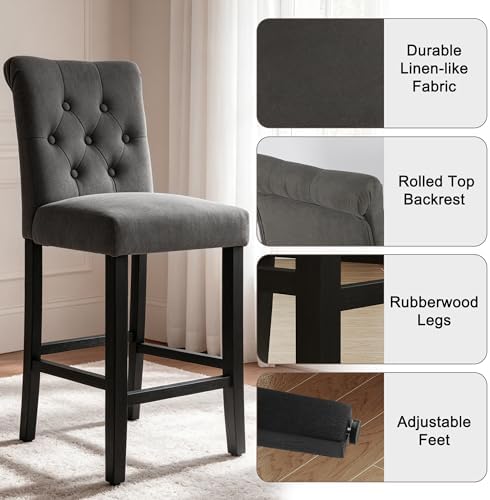 LSSBOUGHT 24 Inches Upholstered Counter Stools, Bar Stools Set of 4, Fabric Counter Stools with Back, Counter Height Bar Chairs with Solid Wood Legs for Home Kitchen Island Dining Room, (4pcs,Grey) - Image 5