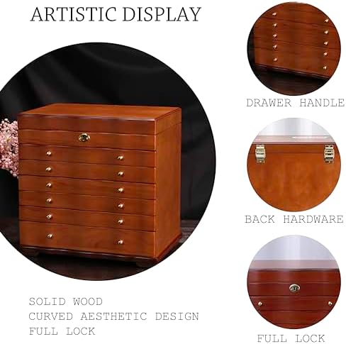 Solid Wood Jewelry Box with Lock, 9-Layer Large Storage Organizer - Image 5