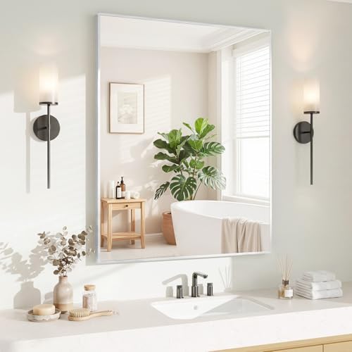 Koonmi Silver Rectangle Wall Mirror, 30x36 Inch Bathroom Mirror, Aluminum Frame Vanity Mirror for Entryway, Living Room, Bedroom Bathroom, Hangs Horizontally or Vertically by KOONMI
