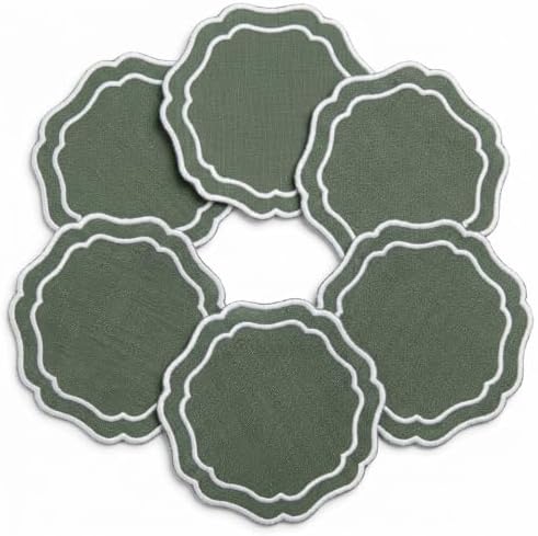 Linen Coasters for Drinks, Set of 6, 4.5 inch, Sage by EmbroideryLinenVN