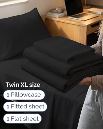 Twin XL 3 Piece Sheet Set - College Dorm Room Essentials - Black - Image 3