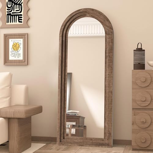 Arched Full Length Mirror with Solid Wood Frame 65x24 Inch Wall Mounted Floor Mirror, Vertical Hanging Leaning Standing Mirror for Living Room, Bedroom, Entryway, Brown - Image 5