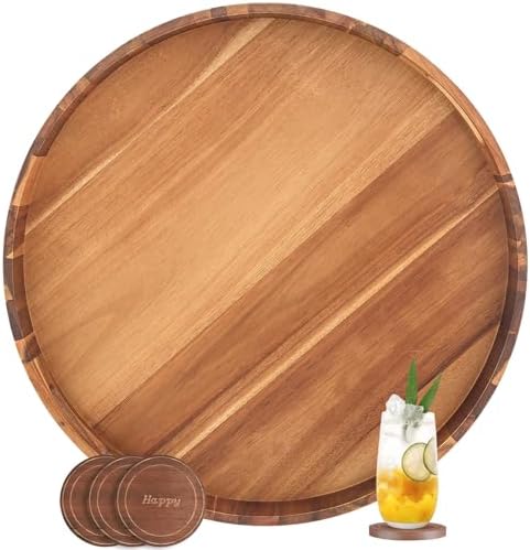 Large Ottoman Tray, 22" Big Ottoman Tray for Living Room, Large Serving Tray with Handles for Coffee Table Kitchen Counter,Great Round Wooden Trays with 4 Round Coasters for Appetizers, Dinner by DecentVrvege
