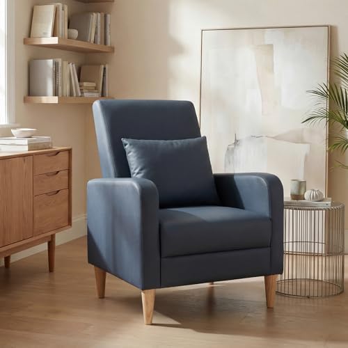 COLAMY Mid-Century Modern Accent Chair, Faux Leather Upholstered Living Room Chair with Back Pillow & Solid Wood Legs, Comfy Armchair for Living Room, Bedroom, Single Sofa, Dark Blue by COLAMYHOME