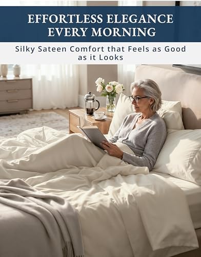 LANE LINEN 100% Egyptian Cotton Sheets California King Sateen Weave - Ivory - Image 5