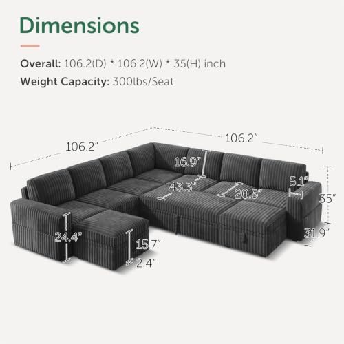 HONBAY Modular Sectional Sleeper Sofa with Pull Out Bed Oversized Corduroy L Shaped Sofa Bed with Storage Couches for Living Room,Dark Grey - Image 2