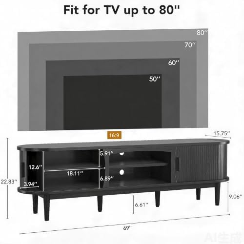 Decofy 69" Fluted TV Stand for TVs Up to 80" with Charging Station, Black - Image 3