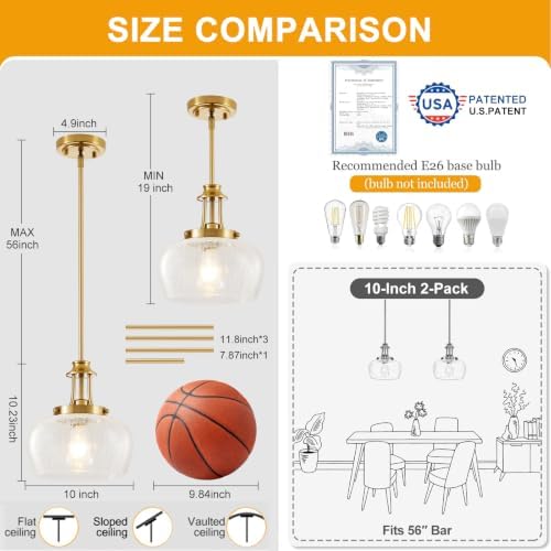 Modern Pendant Lights Kitchen Island, Brushed Gold Pendant Light Fixtures with 10" Clear Crack Glass Shade, Industrial Hanging Pendant Lights Fixture for Kitchen Island Dining Room Entryway - Image 5
