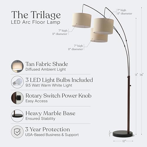 Brightech Trilage Arc Floor Lamp - Large Standing Lamp with 3 Fabric Shades & LED Bulbs for Living Room Over the Sofa, Reading, Multi-Head Traditional Tree Floor Lamp for Bedroom - Oil Rubbed Bronze - Image 3