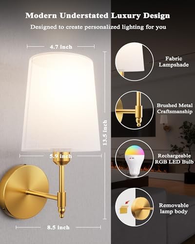 Battery Operated Wall Sconces Set of 2, Remote Control, RGB Bulb, Gold - Image 5