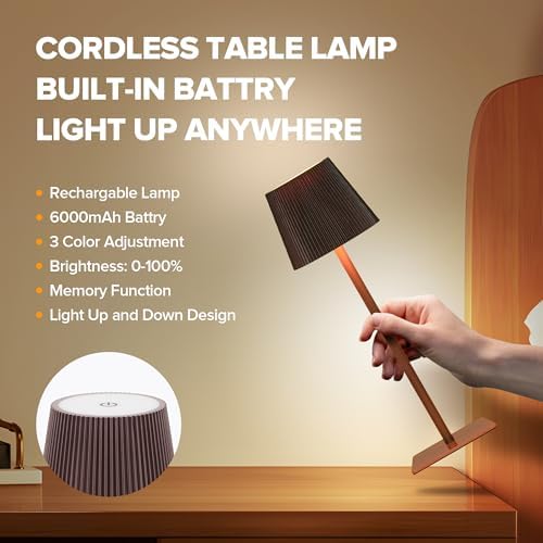 LUTEC 4 Pack Cordless Table Lamp,6000mAh Rechargeable Battery Operated Desk Lamp,Two Adjustable Heights,Waterproof, Touch Control & 3 Color Stepless Dimming for Restaurant/Bedroom/Bars/Outdoor (Brown) - Image 3