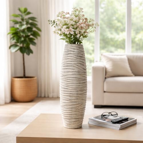 Tall Ribbed Vase for Living Room Decor - Modern Stoneware Ceramic Flower Vase for Home, Bedroom, or Office Table Decor - Textured Capri Design for Mantel and Console Display - 26”, Ivory & Gray by NESSANDJORD