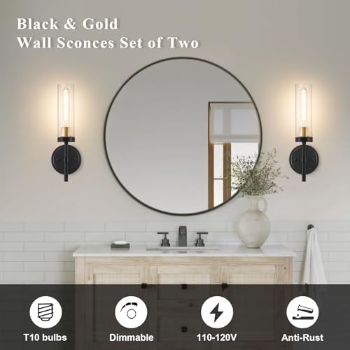 Hardwired Wall Sconces Set of Two, Bathroom Vanity Sconces Wall Lighting with Clear Glass Shade, Black and Gold Modern Farmhouse Wall Mount Lights for Mirror Bedroom Living Room Hallway Entryway - Image 2