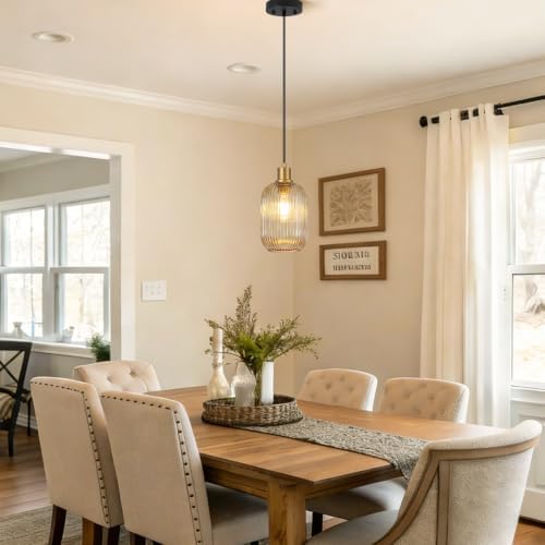 2 Pack Pendant Lights with Vintage Amber Ribbed Glass Lampshade, Adjustable Black and Gold Pendant Lights Fixtures for Kitchen Island Lighting Sink, Dining & Living Room Hallway (Bulbs Not Included) - Image 3
