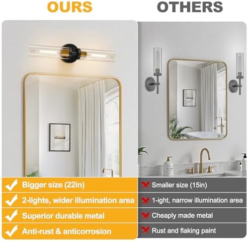 Indoi Black and Gold Wall Sconce, Hardwired Bathroom Sconces Wall Lighting with Clear Glass, Modern Sconces Wall Light fixtures for Bathroom Mirror Living Room Hallway Bedroom - Image 2