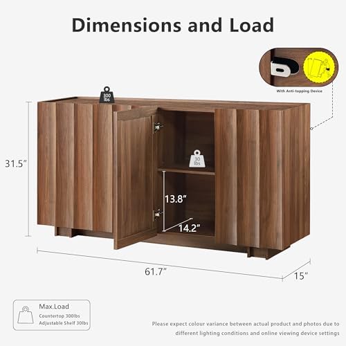 win2win 61.7" Fluted Sideboard Buffet Cabinet with Storage, Walnut - Image 2