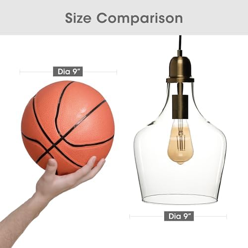 INK+IVY Auburn Pendant Kitchen Lighting for Dining Room, Industrial Lights, Hand-blown Glass Bell Shaped Pendant Light for Kitchen Island, Foyer, Bedroom, 9" Dia x 95.5" H, Bronze/Clear - Image 5