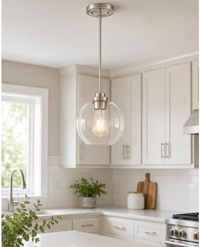 Pendant Lights Kitchen Island, 8" Brushed Nickel Pendant Light Fixtures with Globe Clear Glass Shade, Modern Kitchen Island Lighting for Bathroom, AD-22280-1PL-SN by Audickic